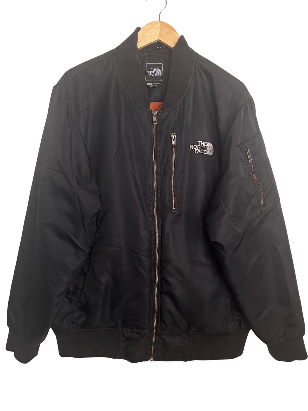 The North Face Black MA-1 Flight Bomber Jacket SZ L Quilted Liner Full Zip EUC